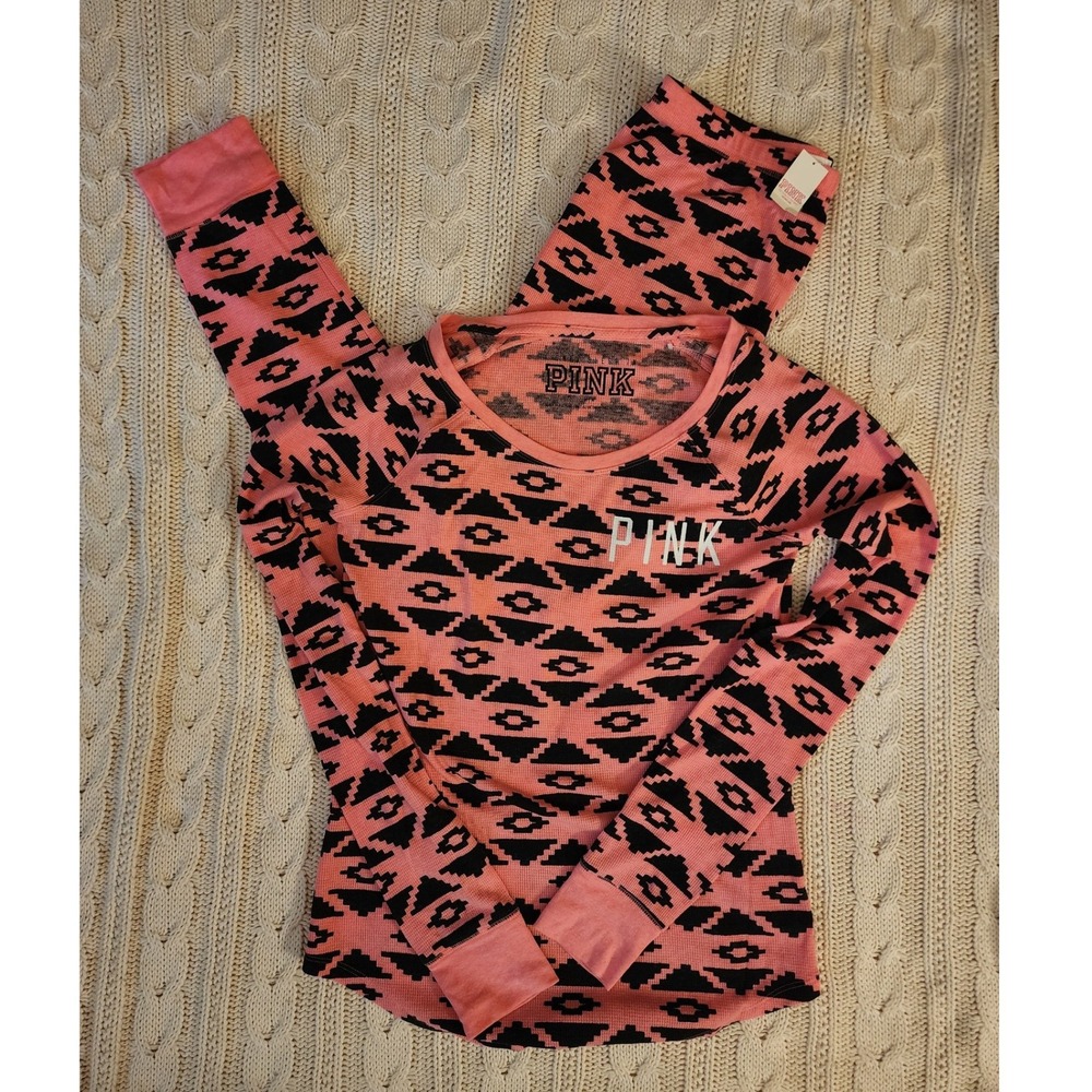 VS PINK Y2K 2014 Aztec Thermal Pajama Set Coral Pink Black Medium